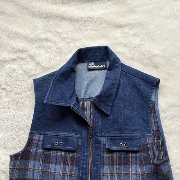 Marie Claire Denim & Plaid Zip-Up Vest β Size Small | Y2K Utility Style | - Picture 2 of 5